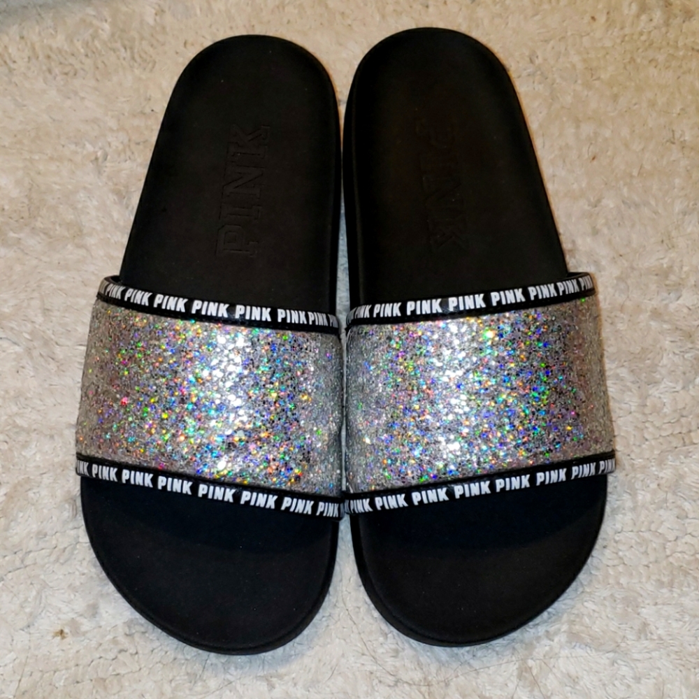 VS PINK Silver Glitter Slides